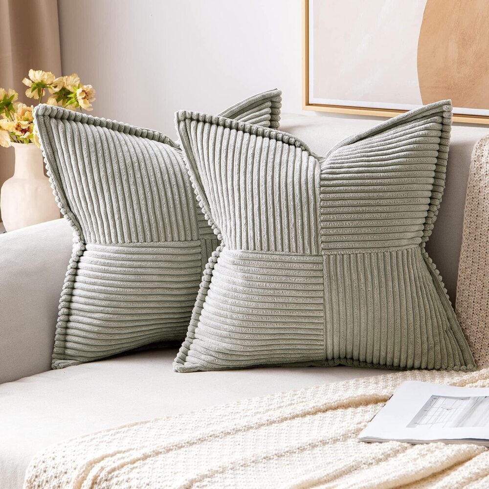 9949 Light Grey Corduroy Pillow Covers 16x16 Inch with Splicing Set of 2